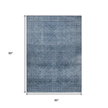 5' X 8' Blue And Ivory Geometric Washable Indoor Outdoor Area Rug