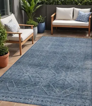 5' X 8' Blue And Ivory Geometric Washable Indoor Outdoor Area Rug