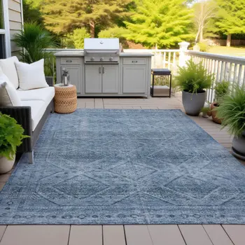 5' X 8' Blue And Ivory Geometric Washable Indoor Outdoor Area Rug