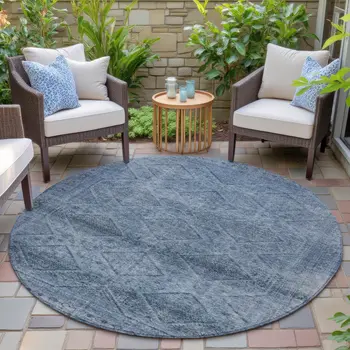 8' Blue And Ivory Round Geometric Washable Indoor Outdoor Area Rug
