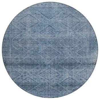 8' Blue And Ivory Round Geometric Washable Indoor Outdoor Area Rug