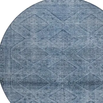 8' Blue And Ivory Round Geometric Washable Indoor Outdoor Area Rug