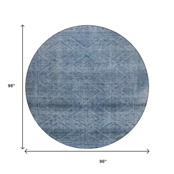 8' Blue And Ivory Round Geometric Washable Indoor Outdoor Area Rug