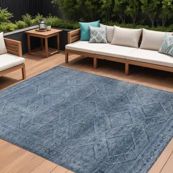 8' X 10' Blue And Ivory Geometric Washable Indoor Outdoor Area Rug