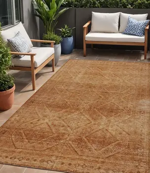 5' X 8' Copper And Ivory Geometric Washable Indoor Outdoor Area Rug