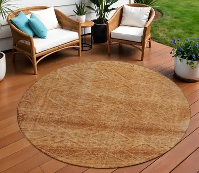 8' Copper And Ivory Round Geometric Washable Indoor Outdoor Area Rug
