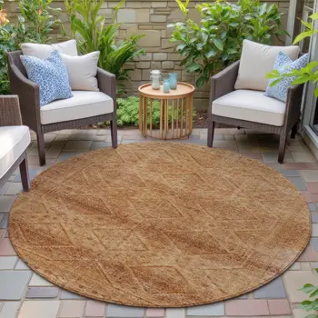 8' Copper And Ivory Round Geometric Washable Indoor Outdoor Area Rug