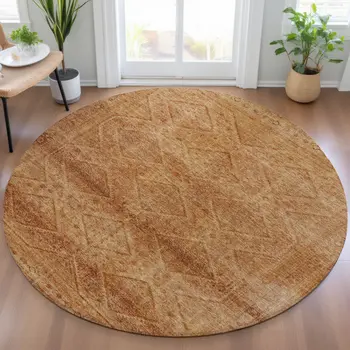 8' Copper And Ivory Round Geometric Washable Indoor Outdoor Area Rug