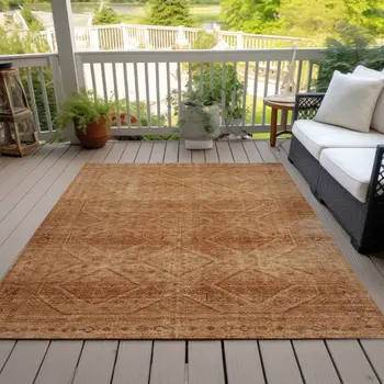 9' X 12' Copper And Ivory Geometric Washable Indoor Outdoor Area Rug