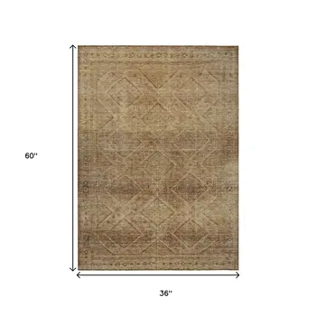 3' X 5' Khaki And Beige Geometric Washable Indoor Outdoor Area Rug