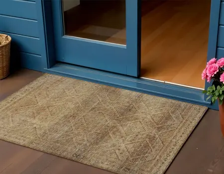 3' X 5' Khaki And Beige Geometric Washable Indoor Outdoor Area Rug