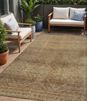 5' X 8' Khaki And Beige Geometric Washable Indoor Outdoor Area Rug