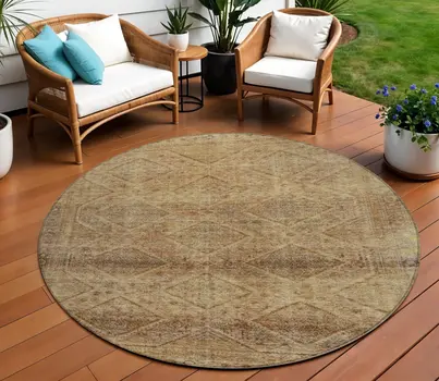 8' Khaki And Beige Round Geometric Washable Indoor Outdoor Area Rug