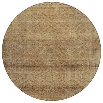 8' Khaki And Beige Round Geometric Washable Indoor Outdoor Area Rug