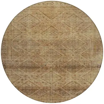 8' Khaki And Beige Round Geometric Washable Indoor Outdoor Area Rug