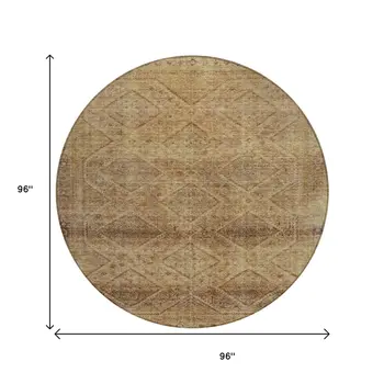 8' Khaki And Beige Round Geometric Washable Indoor Outdoor Area Rug
