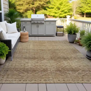 8' X 10' Khaki And Beige Geometric Washable Indoor Outdoor Area Rug