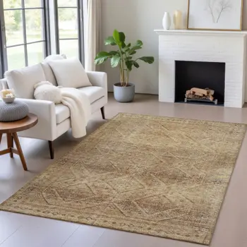 8' X 10' Khaki And Beige Geometric Washable Indoor Outdoor Area Rug