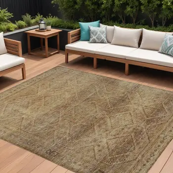 10' X 14' Khaki And Beige Geometric Washable Indoor Outdoor Area Rug