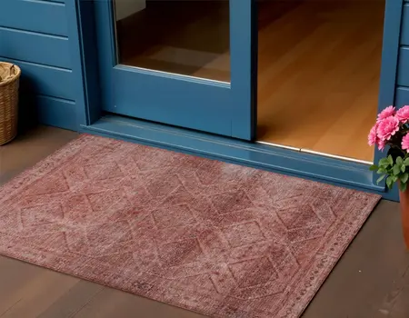 3' X 5' Pink And Ivory Geometric Washable Indoor Outdoor Area Rug