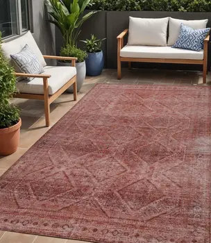 5' X 8' Pink And Ivory Geometric Washable Indoor Outdoor Area Rug