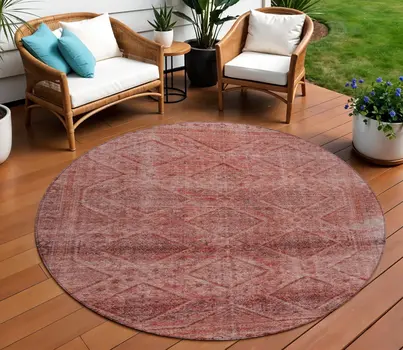 8' Pink And Ivory Round Geometric Washable Indoor Outdoor Area Rug