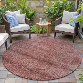 8' Pink And Ivory Round Geometric Washable Indoor Outdoor Area Rug