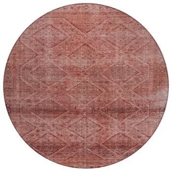 8' Pink And Ivory Round Geometric Washable Indoor Outdoor Area Rug
