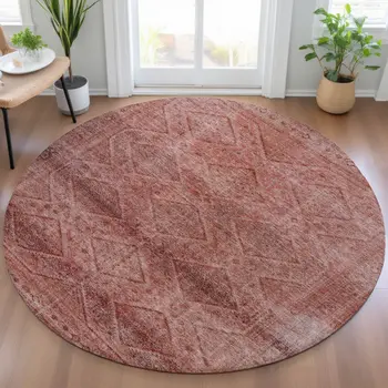 8' Pink And Ivory Round Geometric Washable Indoor Outdoor Area Rug