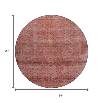 8' Pink And Ivory Round Geometric Washable Indoor Outdoor Area Rug