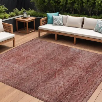 9' X 12' Pink And Ivory Geometric Washable Indoor Outdoor Area Rug