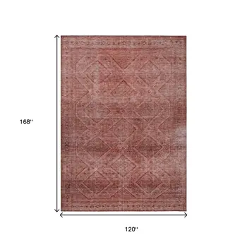 10' X 14' Pink And Ivory Geometric Washable Indoor Outdoor Area Rug