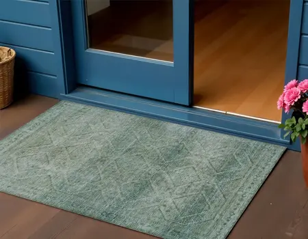 3' X 5' Teal Blue And Ivory Geometric Washable Indoor Outdoor Area Rug