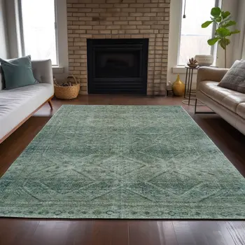 3' X 5' Teal Blue And Ivory Geometric Washable Indoor Outdoor Area Rug