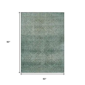 5' X 8' Teal Blue And Ivory Geometric Washable Indoor Outdoor Area Rug