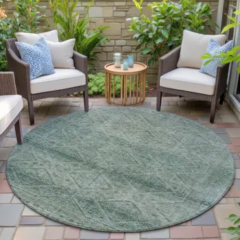 8' Teal Blue And Ivory Round Geometric Washable Indoor Outdoor Area Rug