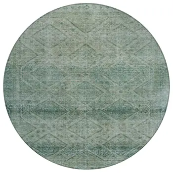 8' Teal Blue And Ivory Round Geometric Washable Indoor Outdoor Area Rug