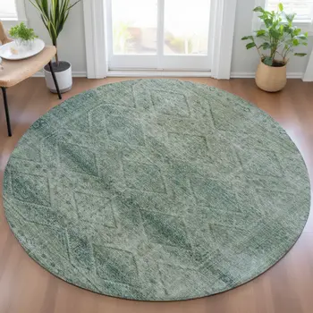 8' Teal Blue And Ivory Round Geometric Washable Indoor Outdoor Area Rug