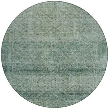 8' Teal Blue And Ivory Round Geometric Washable Indoor Outdoor Area Rug