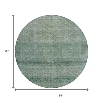 8' Teal Blue And Ivory Round Geometric Washable Indoor Outdoor Area Rug