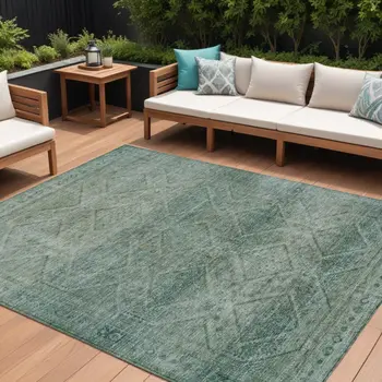 9' X 12' Teal Blue And Ivory Geometric Washable Indoor Outdoor Area Rug