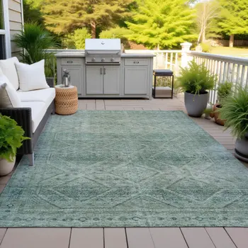 9' X 12' Teal Blue And Ivory Geometric Washable Indoor Outdoor Area Rug