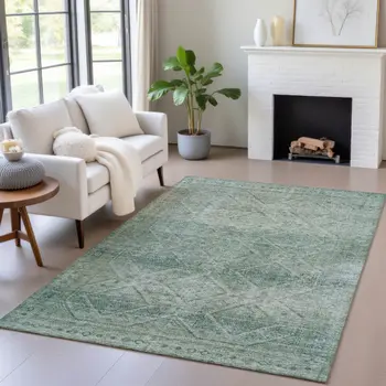 9' X 12' Teal Blue And Ivory Geometric Washable Indoor Outdoor Area Rug