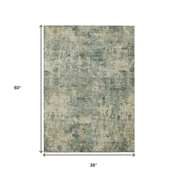 3' X 5' Artichoke Green And Teal Blue Abstract Washable Indoor Outdoor Area Rug