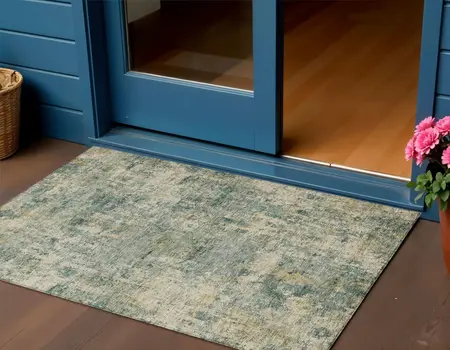 3' X 5' Artichoke Green And Teal Blue Abstract Washable Indoor Outdoor Area Rug