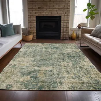 3' X 5' Artichoke Green And Teal Blue Abstract Washable Indoor Outdoor Area Rug