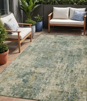 5' X 8' Artichoke Green And Teal Blue Abstract Washable Indoor Outdoor Area Rug