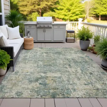 5' X 8' Artichoke Green And Teal Blue Abstract Washable Indoor Outdoor Area Rug