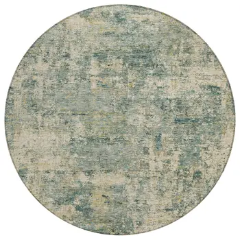 8' Artichoke Green And Teal Blue Round Abstract Washable Indoor Outdoor Area Rug