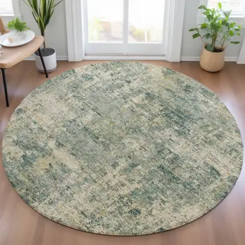 8' Artichoke Green And Teal Blue Round Abstract Washable Indoor Outdoor Area Rug